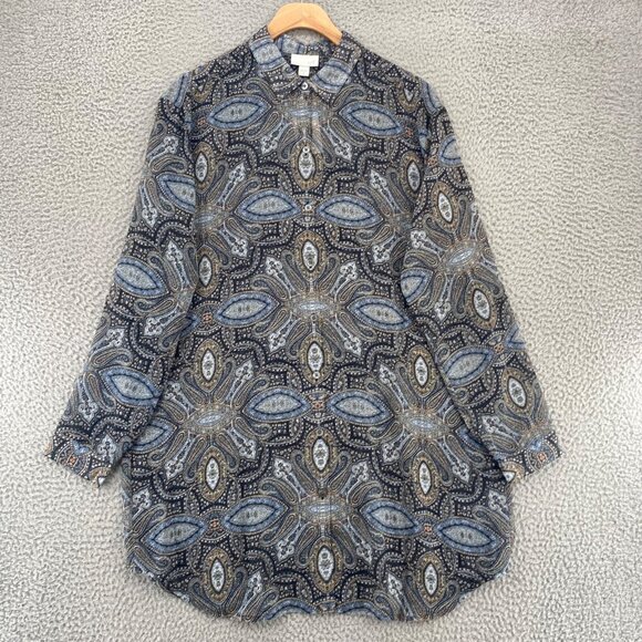 J Jill Top Womens Small Gray Multi Paisley Long Sleeve Tunic Button Up Collared - Picture 1 of 11